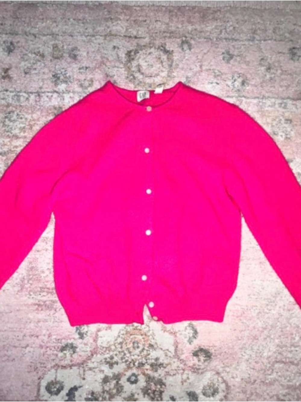 Vintage GAP Women's Bright Pink Button-Up Crewneck Cardigan